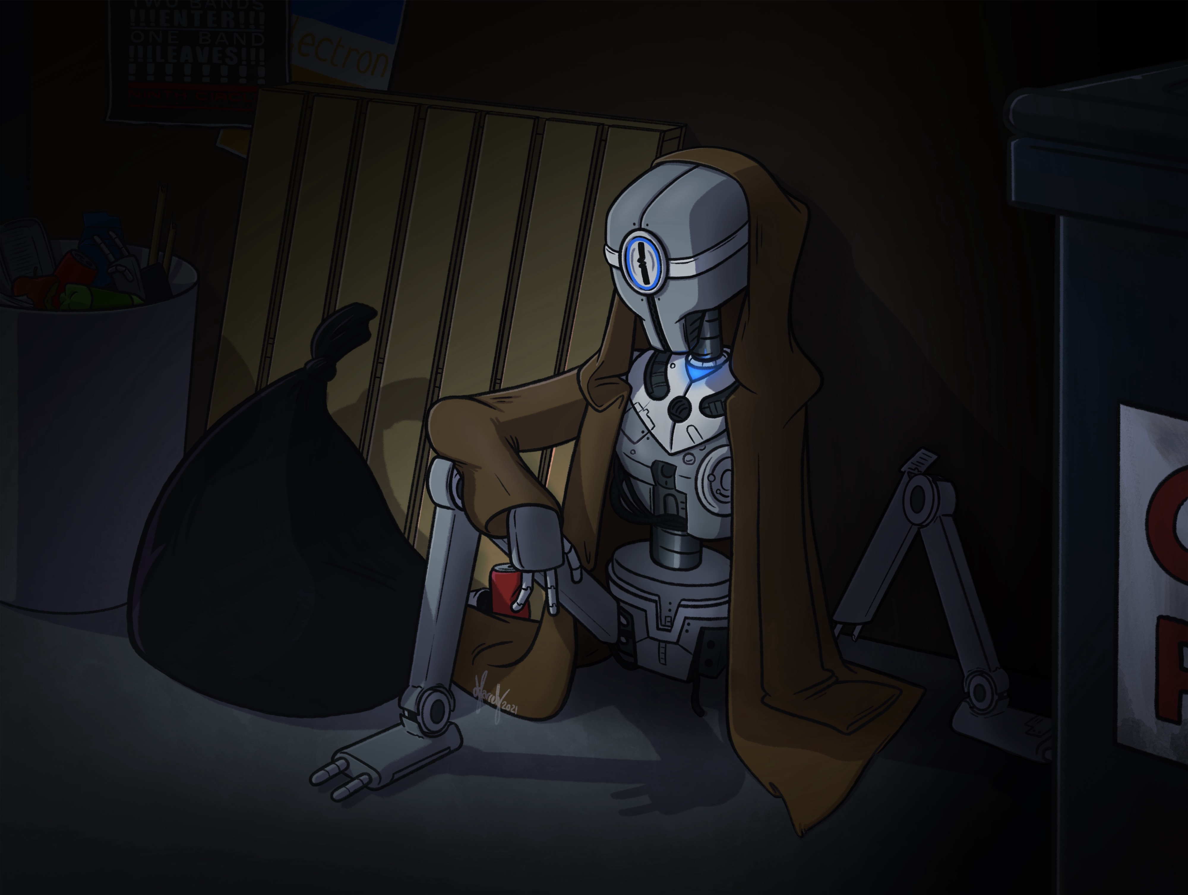 A somber illustration of a humanoid robot sitting against a wall in a dimly lit alley. The robot is partially disassembled, with a cloak draped over its shoulders. It appears abandoned, surrounded by bags of garbage and debris.